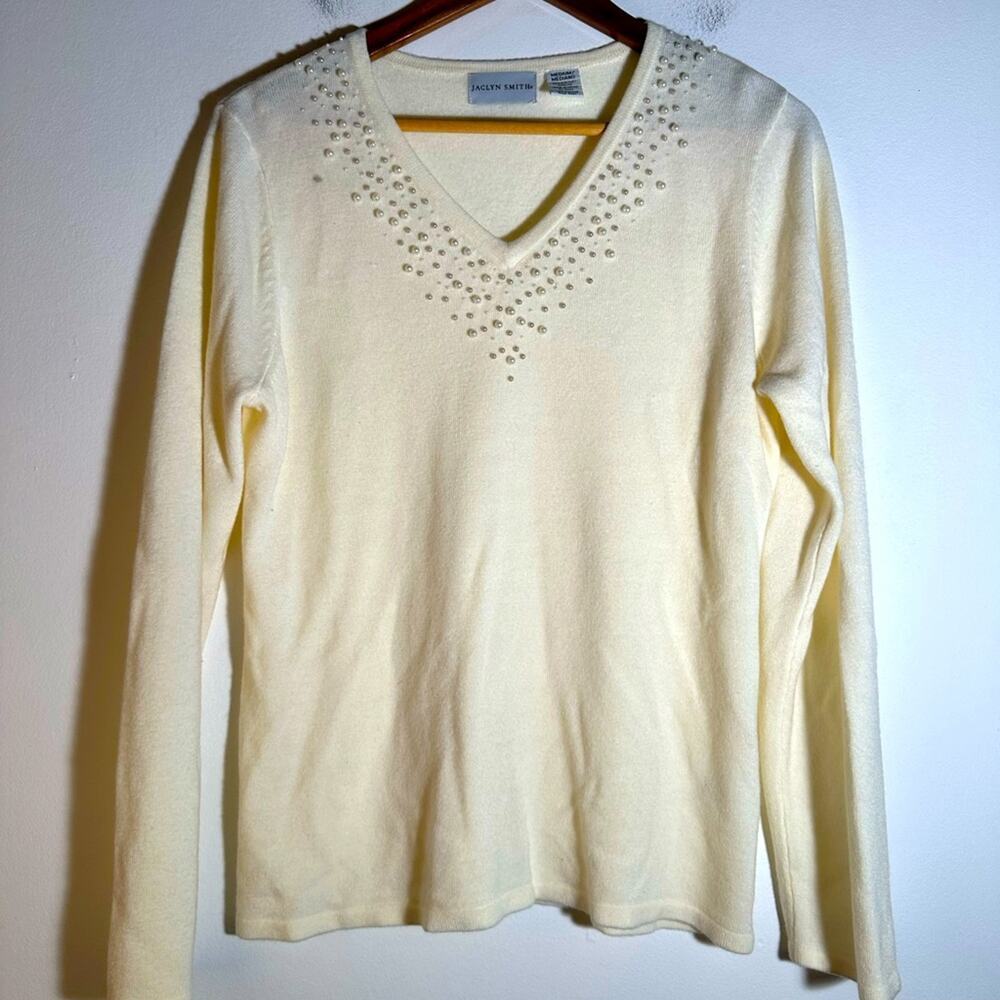Cream V-Neck Sweater with Embellishments